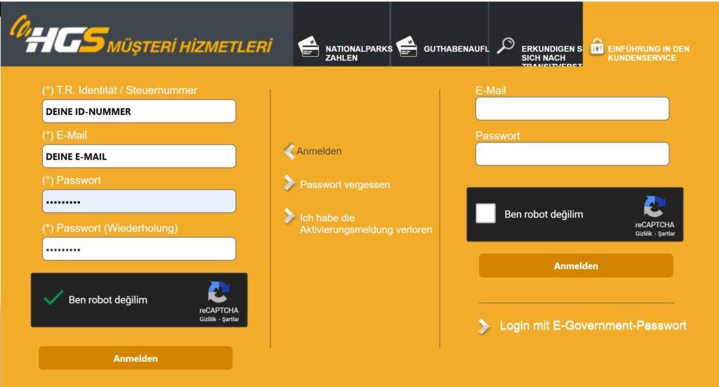 Registrierungs Maske auf der HGS Musteri Website der PTT.