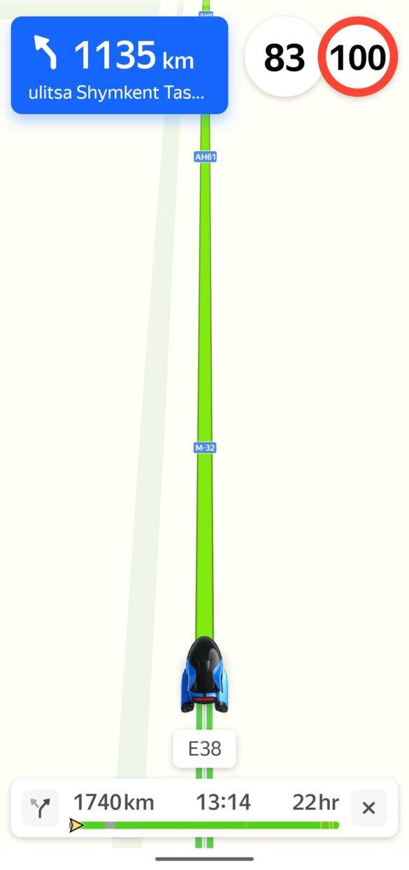 Screenshot Yandex Maps von Route in Kasachstan auf Roadtrip